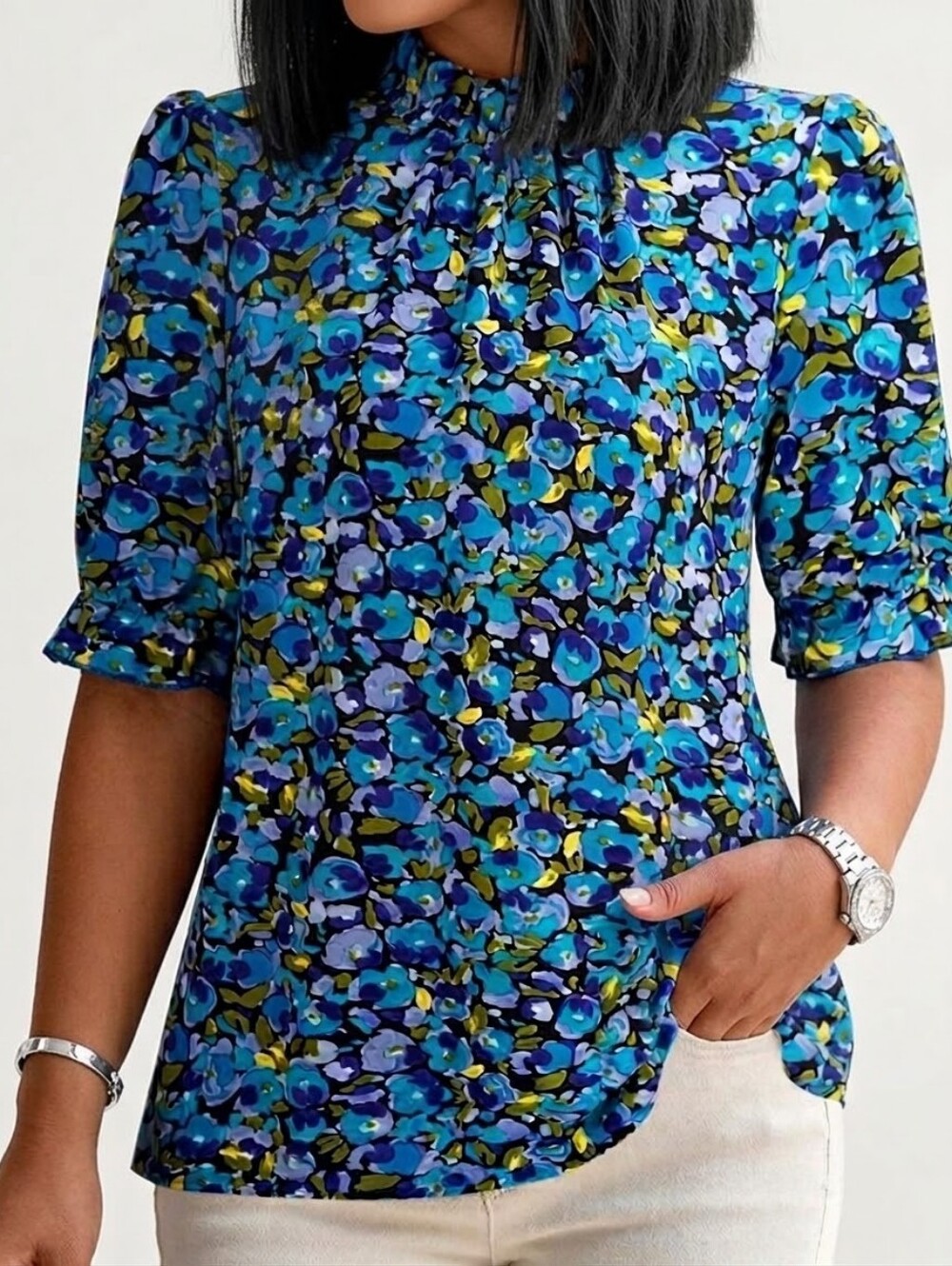 Gorgeous Blue Multi Floral Women's Blouse with Keyhole Button at Back.